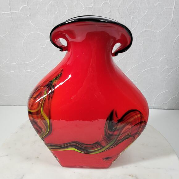 Vintage Hand Blown Art Glass Vase 10"‎ Red Abstract Swirl Flared Rim - Picture 2 of 13